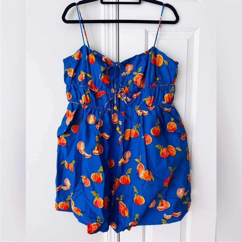 NWT! Farm Rio x Anthropologie Orange Printed Smocked Sleeveless Romper -🎬 - Picture 5 of 8
